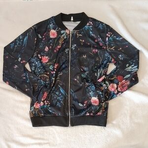 Floral Bomber Jacket - Black with Pink & Blue Floral Print